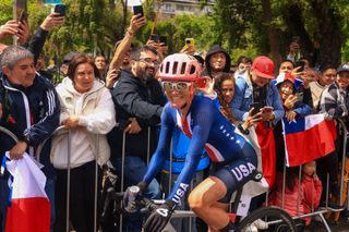 SANTIAGO CHILE OCTOBER 29 Lauren Stephens of Team United States celebrates after winning gold in the Womens cycling road race final at the streets of Santiago on Day 9 of Santiago 2023 Pan Am Games on October 29 2023 in Santiago Chile Photo by Buda MendesGetty Images