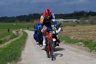 WEVELGEM BELGIUM MARCH 24 Jonathan Milan of Italy and Team Lidl Trek competes in the chase group passing through the Plugstreets during the 86th GentWevelgem in Flanders Fields 2024 Mens Elite a 2531km one day race from Ieper to Wevelgem UCIWT on March 24 2024 in Wevelgem Belgium Photo by Tim de WaeleGetty Images