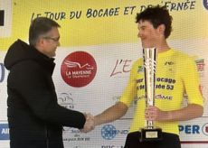 Ashlin Barry accepts the GC trophy for winning 2024 Tour du Bocage et de l'Emée