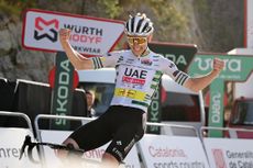 QUERALT SPAIN MARCH 23 Tadej Pogacar of Slovenia and UAE Emirates Team Green Leader Jersey celebrates at finish line as stage winner during the 103rd Volta Ciclista a Catalunya 2024 Stage 6 a 1547km stage from Berga to Queralt 1119m UCIWT on March 23 2024 in Queralt Spain Photo by David RamosGetty Images