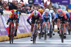 WEVELGEM BELGIUM MARCH 24 LR Elisa Balsamo of Italy and Team LidlTrek Lorena Wiebes of The Netherlands and Team SD WorxProtime and Chiara Consonni of Italy and UAE Team Adq sprint at finish line to win the race during the 13rd GentWevelgem in Flanders Fields 2024 Womens Elite a 1712km one day race from Ieper to Wevelgem UCIWWT on March 24 2024 in Wevelgem Belgium Photo by Tim de WaeleGetty Images