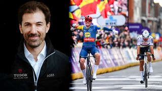 WEVELGEM, BELGIUM - MARCH 24: (L-R) Mads Pedersen of Denmark and Team Lidl - Trek celebrates at finish line as race winner ahead of Mathieu van der Poel of The Netherlands and Team Alpecin - Deceuninck during the 86th Gent-Wevelgem in Flanders Fields 2024 - Men's Elite a 253.1km one day race from Ieper to Wevelgem / #UCIWT / on March 24, 2024 in Wevelgem, Belgium. (Photo by Tim de Waele/Getty Images)