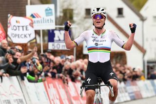 Belgium's Lotte Kopecky of SD Worx-Protime celebrates after winning the Nokere Koerse